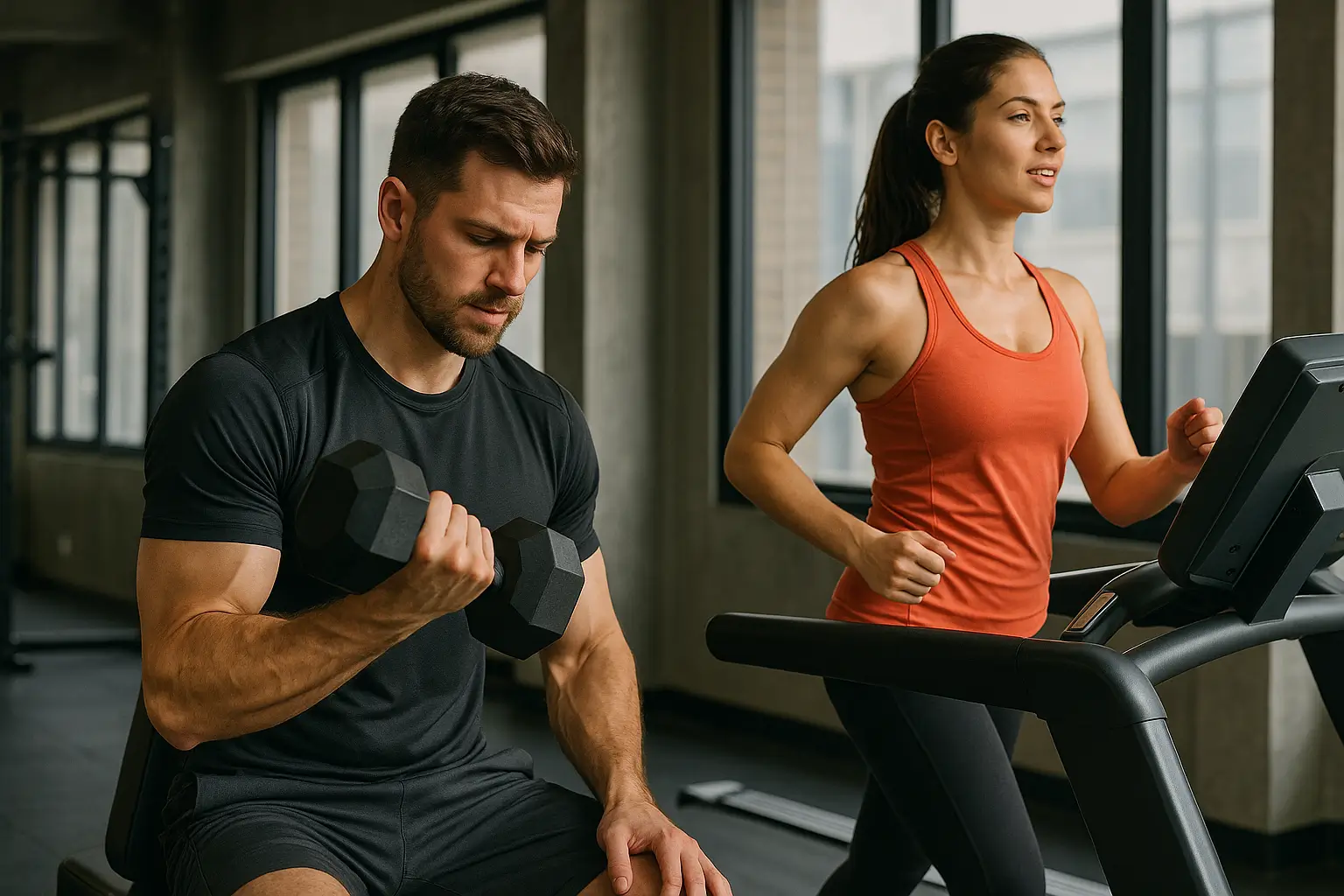 Man lifting weights and woman doing cardio sid Man lifting weights and woman doing cardio sid