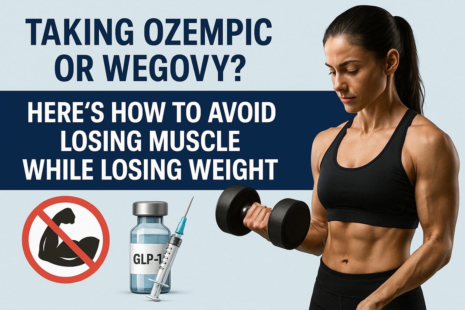 A muscular woman lifting a dumbbell is shown on the right side, representing strength training. On the left, the text reads 'Taking Ozempic or Wegovy? Here’s How to Avoid Losing Muscle While Losing Weight,' accompanied by a GLP-1 syringe illustration and a warning icon showing a crossed-out bicep. The image promotes awareness of muscle loss risk while using GLP-1 medications and emphasizes the importance of resistance training.