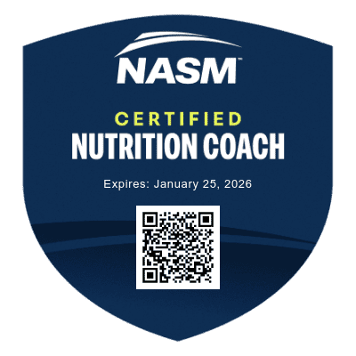 Official NASM Certified Nutrition Coach badge, navy blue design with NASM logo and QR code.