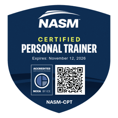 Official NASM Certified Personal Trainer badge with blue circular design and NASM logo.