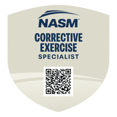 Official NASM Corrective Exercise Specialist badge, tan design with NASM logo and QR code.