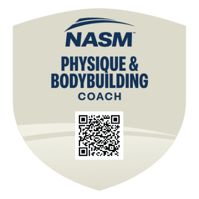 Official NASM Physique and Bodybuilding Coach badge, gray design with NASM logo and QR code.