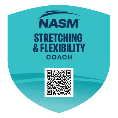 Official NASM Stretching and Flexibility Coach badge, teal design with NASM logo and QR code.
