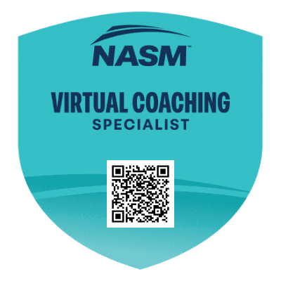 Official NASM Virtual Coaching Specialist badge, turquoise design with NASM logo and QR code.