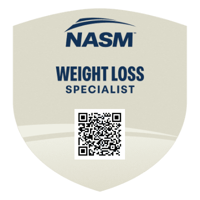 Official NASM Weight Loss Specialist badge, beige and gray design with NASM logo and QR code.