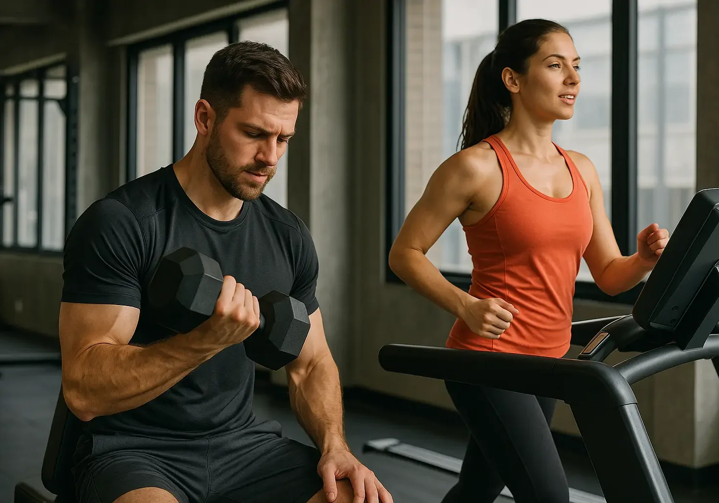 Man lifting weights and woman doing cardio sid